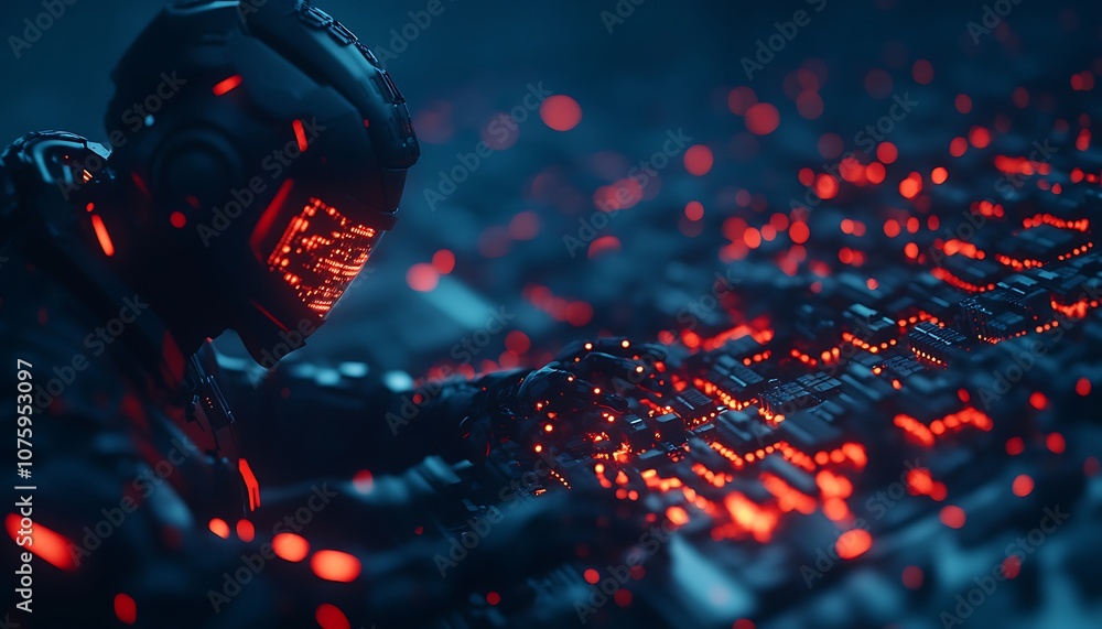 Poster a cybernetic figure manipulates glowing red and orange interfaces in a futuristic, dark environment,