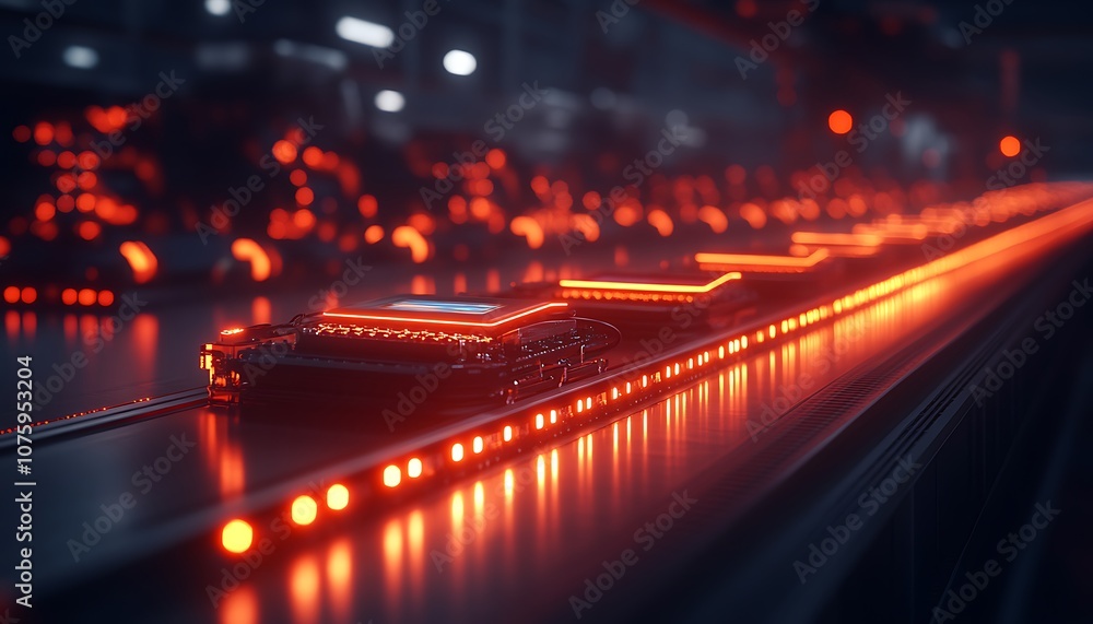 Aufkleber a futuristic scene with glowing red lights illuminating a sleek, elongated object on a dark surface,