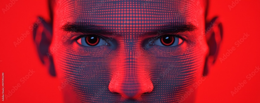Poster a striking close-up of a person's face with a patterned overlay in red and blue tones, creating a di
