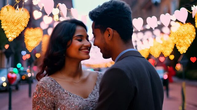 Young Indian couple on a street decorated for Valentine's Day. A loving couple creates memories together on this beautifully decorated street.