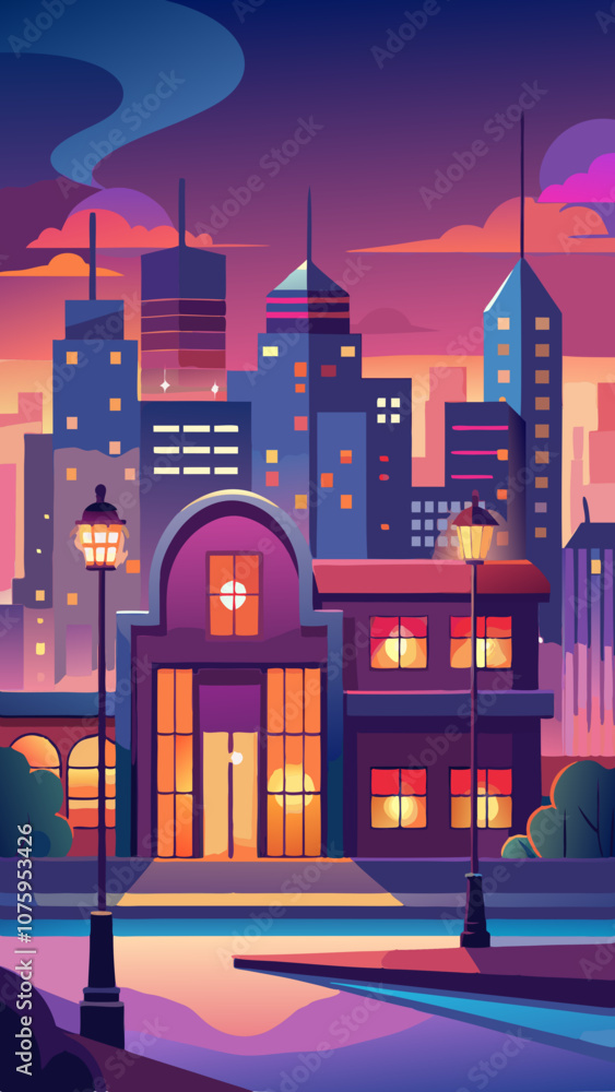 Poster a cityscape with a large building with a window on the front