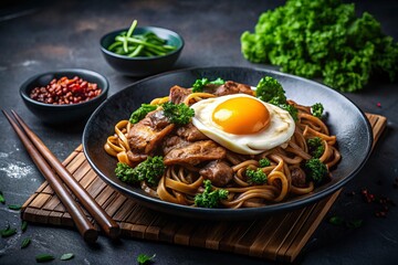 Silhouette Photography of Konjac Wide Noodles Stir Fry with Sweet Black Sauce Featuring Garlic Pork, Kale, and Chicken Egg for Healthy Low-Calorie Dining