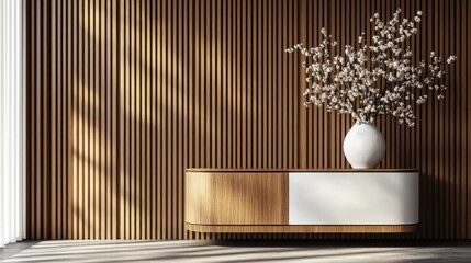 3D render of a modern wall with vertical wood panel with TV cabinet and vast 