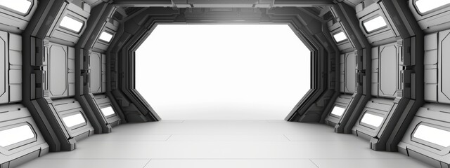 Futuristic Spaceship Corridor with Open Doorway and White Background