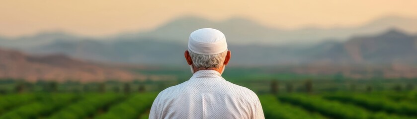 Tranquil Muslim man seated in a date palm grove, Muslim man, tradition, greenery