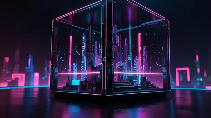 	
3d render of neon lighting foggy Smoky box design. Square, triangle, circle box neon design illustration.Pc or computer box .Quantum neon super computer 