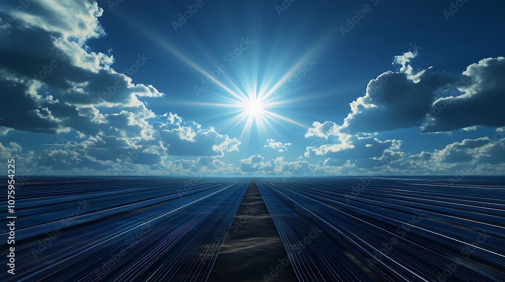 Poster a vibrant landscape with a radiant sun shining brightly above a field, surrounded by clouds, creatin