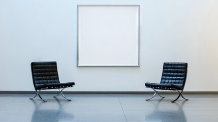 Modern Minimalist Design of Two Black Chairs Facing a Blank Frame on a White Wall in an Art Gallery or Contemporary Space