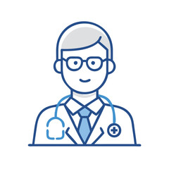 Smiling doctor icon with stethoscope, Vector illustration of a smiling doctor wearing a lab coat, stethoscope, and tie, representing a healthcare professional in a medical setting.

