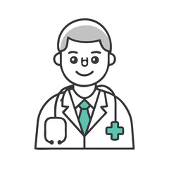Smiling doctor icon with stethoscope, Vector illustration of a smiling doctor wearing a lab coat, stethoscope, and tie, representing a healthcare professional in a medical setting.
