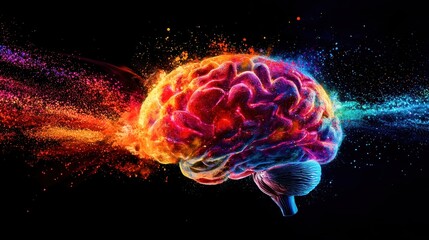 Fototapeta premium Abstract representation of a colorful brain with vibrant energy and particles exploding from it, symbolizing creativity, intelligence, and cognitive power in a dark space.