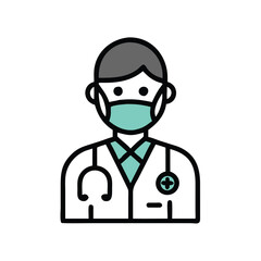 Smiling doctor icon with stethoscope, Vector illustration of a smiling doctor wearing a lab coat, stethoscope, and tie, representing a healthcare professional in a medical setting.

