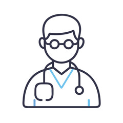 Doctor icon with stethoscope and glasses, Vector illustration of a doctor wearing glasses, a tie, and a lab coat with a stethoscope, symbolizing healthcare and medical professionals.
