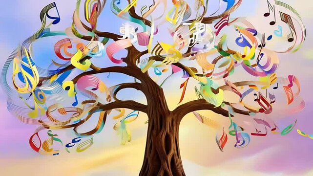 This artistic concept features tree  branches leaves made colorful musical notes symbols illustrating beautiful connection music nature imagination perfect creative cultural projects colourful note