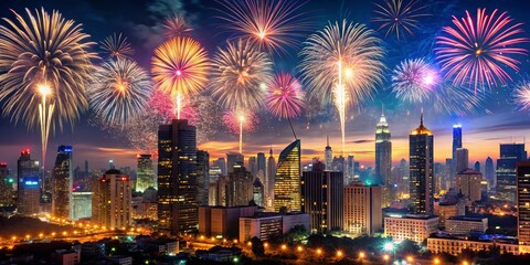 Spectacular City Skyline Illuminated by Colorful Fireworks in a Night Sky, Creating a Vibrant Festive Atmosphere Perfect for Celebrations and Events