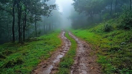 Obraz premium Serene Misty Landscape with Winding Dirt Path Surrounded by Lush Greenery and Fog in a Tranquil Forest Setting