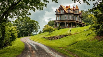 Naklejka premium Majestic Victorian House Surrounded by Lush Greenery and Scenic Landscape on a Cloudy Day, Capturing Classic Architecture and Relaxing Ambience