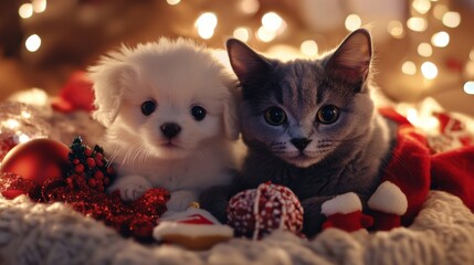 A small white puppy and a gray Persian cat cuddled up on a quality.
