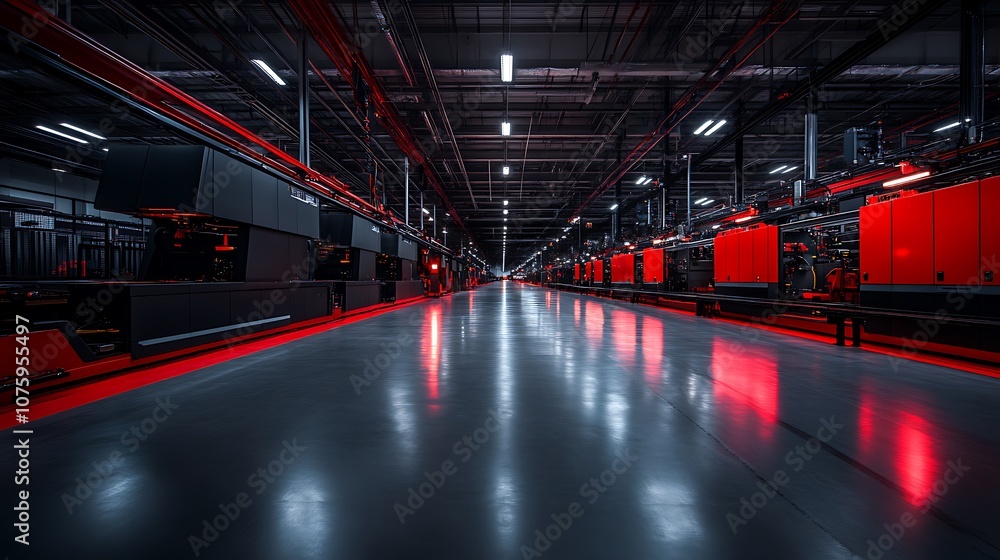 Poster A dimly lit industrial space featuring rows of machinery, illuminated by striking red lights, creating a futuristic atmosphere.