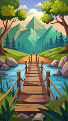 A wooden bridge spans a river in a lush green forest