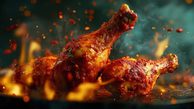 Advertisement, poster style, chicken leg quarter, tandoori quality.