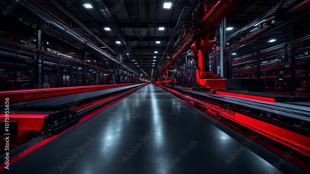 Poster a dimly lit warehouse scene with conveyor belts and automated machinery, featuring striking red ligh
