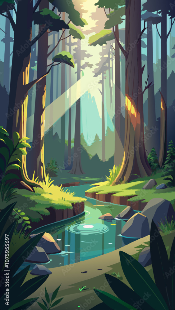Poster a forest with a river running through it