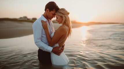 A couple embracing in shallow ocean water at sunset, sharing an intimate and romantic moment with soft golden light reflecting on the waves and a serene beach backdrop