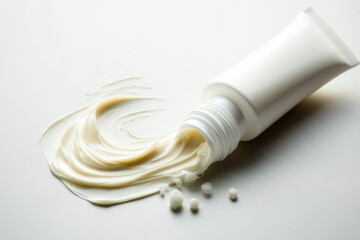A white cream tube is placed on a white background.