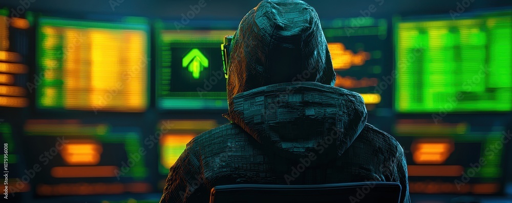 Poster a shadowy figure in a hoodie sits before glowing screens filled with data, evoking a mysterious and 