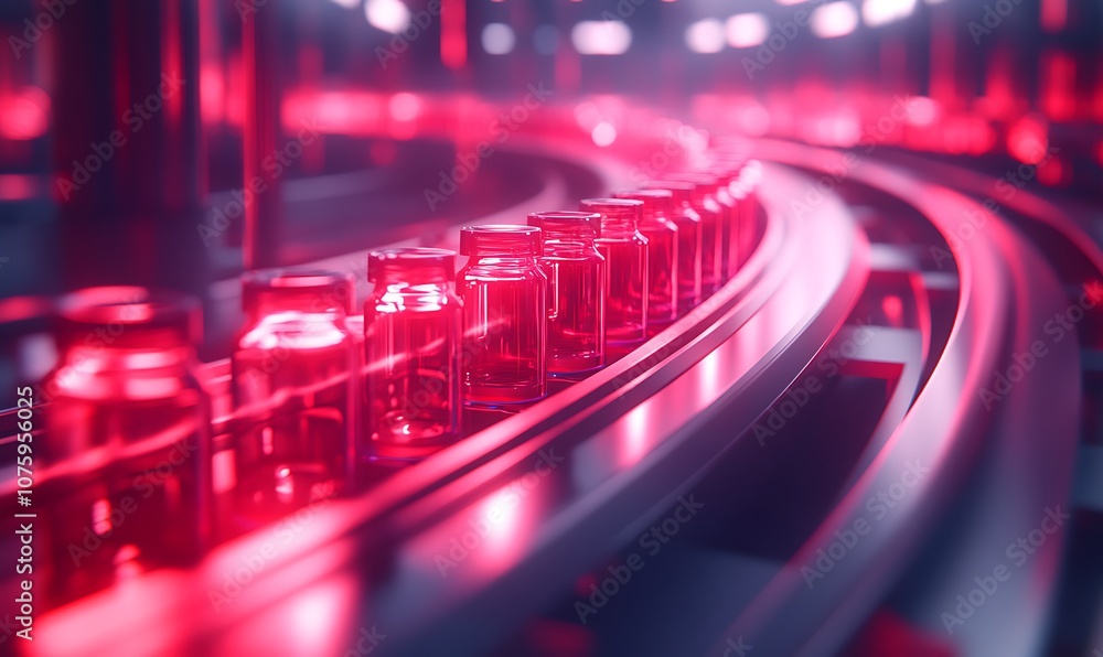 Poster A close-up view of colorful vials moving along a conveyor belt in an industrial setting, illuminated by vibrant red lighting.