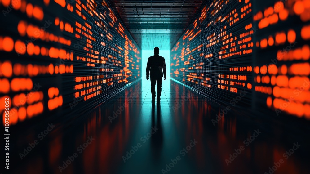 Poster a lone figure stands in a dark corridor illuminated by glowing red and blue binary code, evoking the