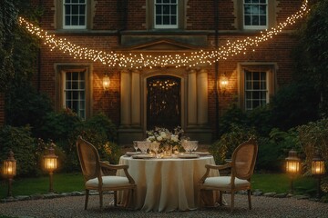 Obraz premium A romantic outdoor dinner setup for two in front of an elegant mansion, featuring string lights, warm lanterns, and a beautifully set table with fine glassware and floral decor