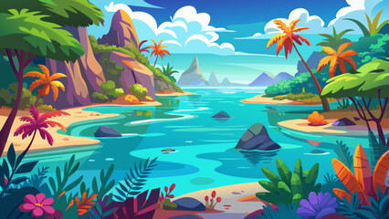 Fototapeta na wymiar A tropical beach scene with palm trees and a body of water