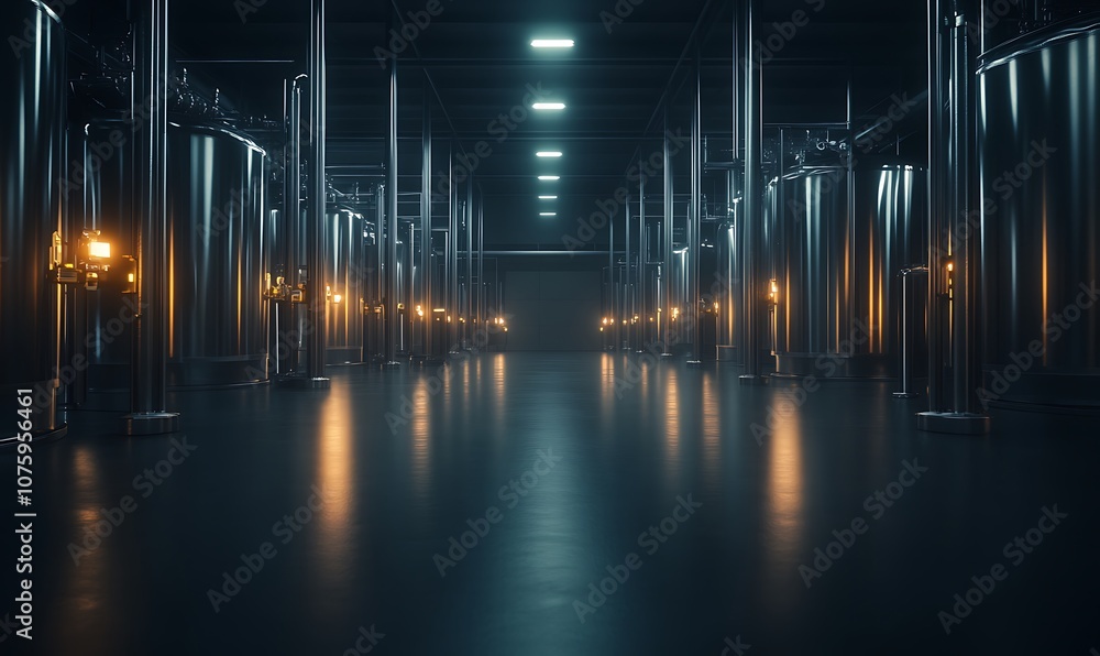 Poster a dimly lit corridor lined with metallic pillars, illuminated by glowing lights, creating a futurist