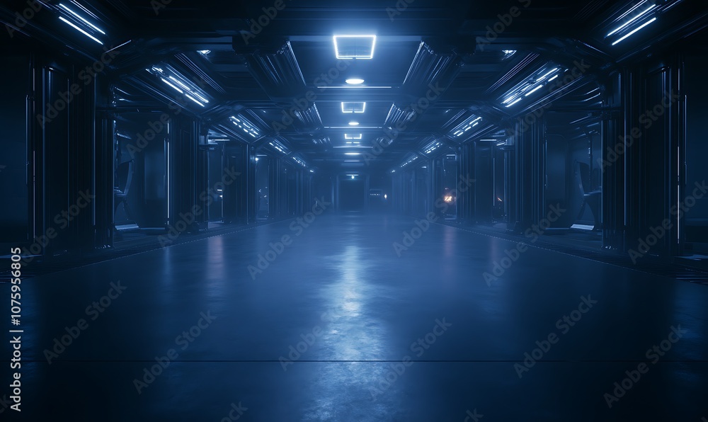 Poster a dimly lit, futuristic corridor with glowing lights and a misty atmosphere, evoking a sense of myst