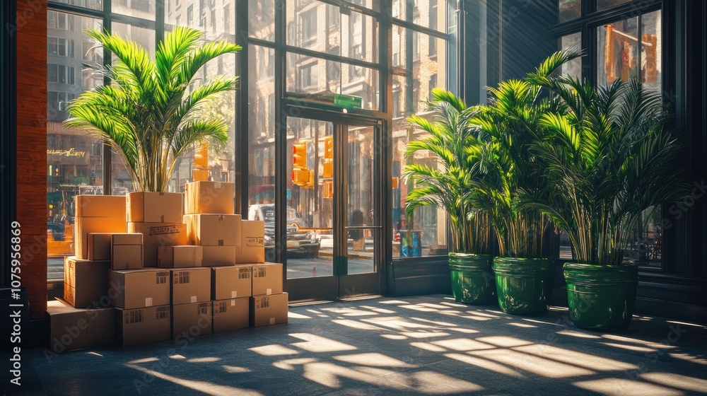 Poster a stack of cardboard boxes in a modern storefront with large windows and potted plants.