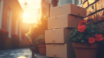 A stack of cardboard boxes sits on a doorstep, ready for delivery.