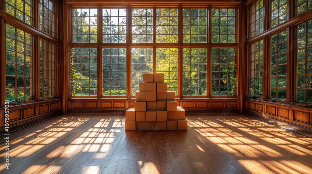 Poster a stack of cardboard boxes in a sunlit room with large windows.