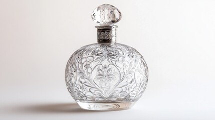 Exquisite Glass Perfume Bottle with Intricate Cuts on White Background