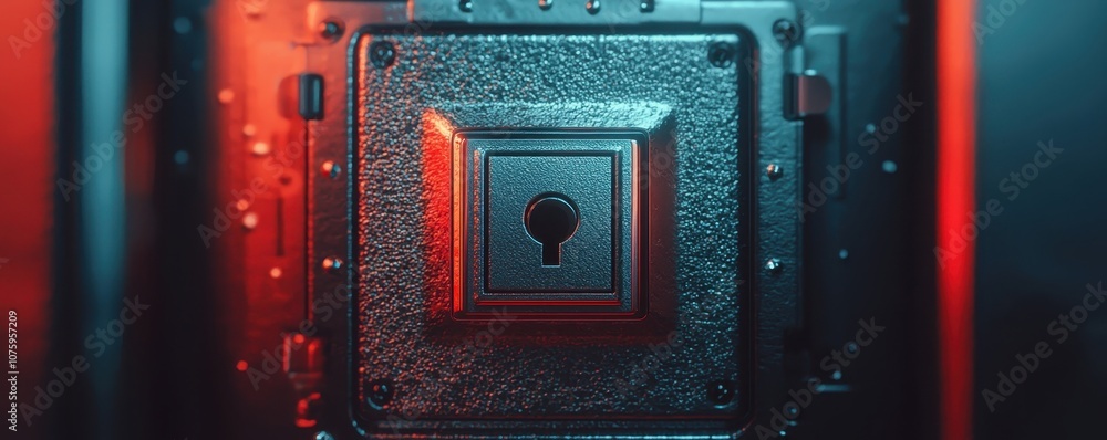 Poster an abstract view of a metallic structure with a keyhole, illuminated in vibrant red and blue hues, e