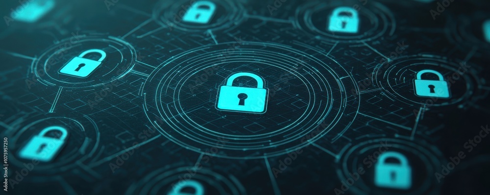 Poster a network of glowing blue locks symbolizes data security and encryption in a digital landscape.