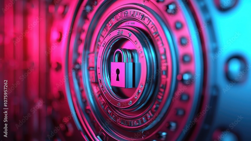 Poster a visually striking close-up of a secure vault door with a lock, enhanced by vibrant neon colors con
