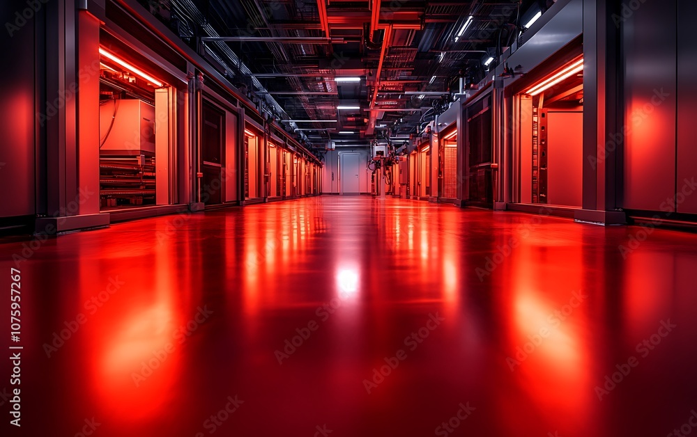 Fototapete a high-tech corridor illuminated by red lights, featuring lined compartments and a glossy floor, cre