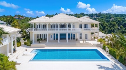 Fototapeta premium Idyllic Modern Villa with Stunning Pool Overlooking Lush Greenery Under Clear Blue Sky, Perfect for Luxury Getaways and Relaxation in a Tropical Paradise