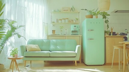 Bright and Airy Living Space with Mint Green Sofa and Retro Refrigerator in a Cozy Modern Kitchen Design Featuring Plants and Natural Light