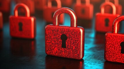 Fototapeta premium A visually striking image of shiny red padlocks scattered on a dark surface, symbolizing security and protection.