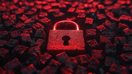 A digital padlock glows red amid a sea of dark, textured cubes, symbolizing cybersecurity and data protection.