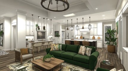 Fototapeta premium Modern and Elegant Living Room with Open Kitchen Design Featuring Green Sofa, Pendant Lighting, and Contemporary Decor for a Cozy Atmosphere