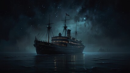 Obraz premium A haunting vintage ship with worn, intricate detailing navigates through a dark